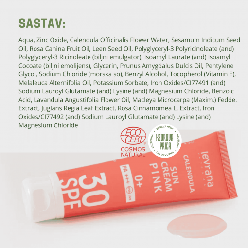 Levrana krema za zaštitu od sunca, za lice i telo Neven 30SPF PINK 0+ organic certified - Image 11