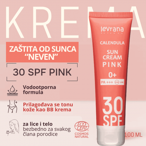 Levrana krema za zaštitu od sunca, za lice i telo Neven 30SPF PINK 0+ organic certified