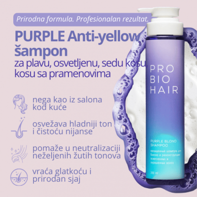 PRO BIO HAIR Purple Anti-yellow šampon za plavu, osvetljenu i sedu kosu 350 ml