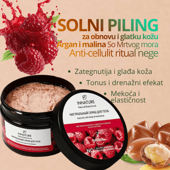 Solni piling za telo za zategnutiju i obnovljenu kožu Argan i malina 250 ml