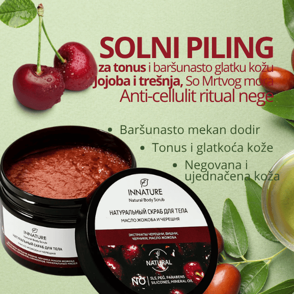 Solni piling za telo za tonus i baršunasto glatku kožu Jojoba i trešnja 250 ml