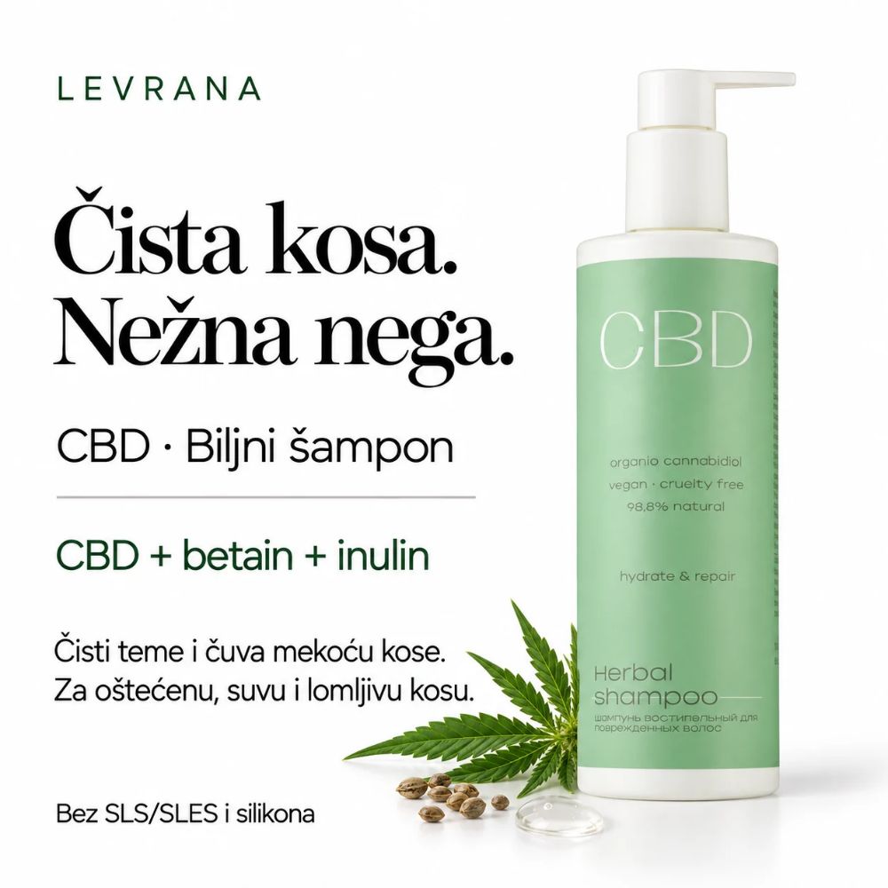 Levrana CBD biljni šampon za oštećenu, suvu i lomljivu kosu 400 ml